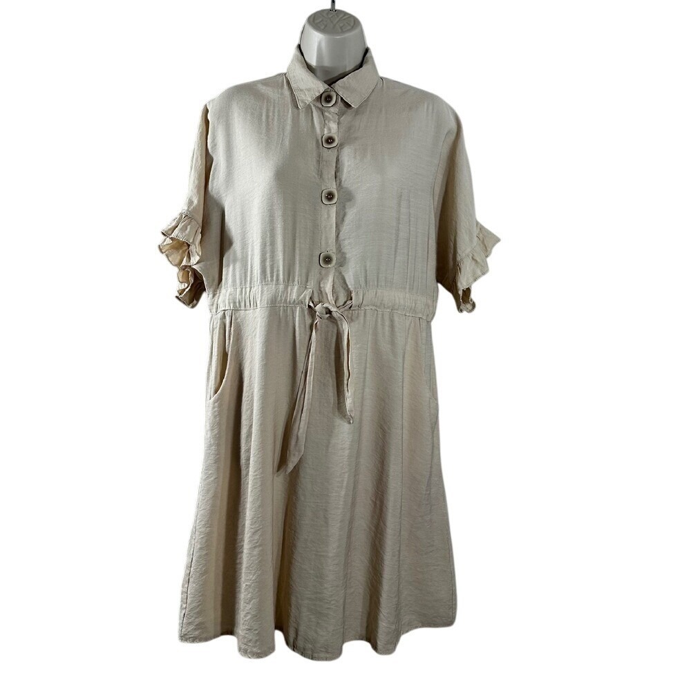 Sacred Threads Womens Beige‎ Ruffle Sleeve Button Front Shirt Dress OS One Size